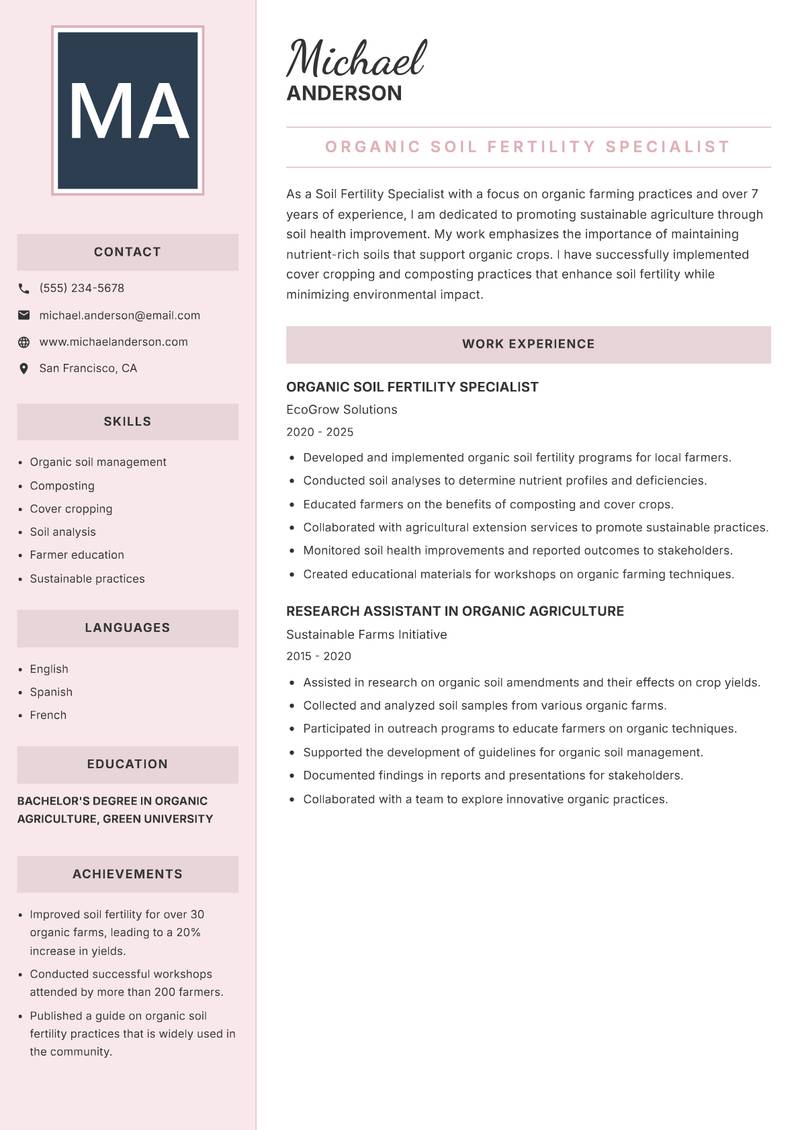 Soil Fertility Specialist Resume Preview Example