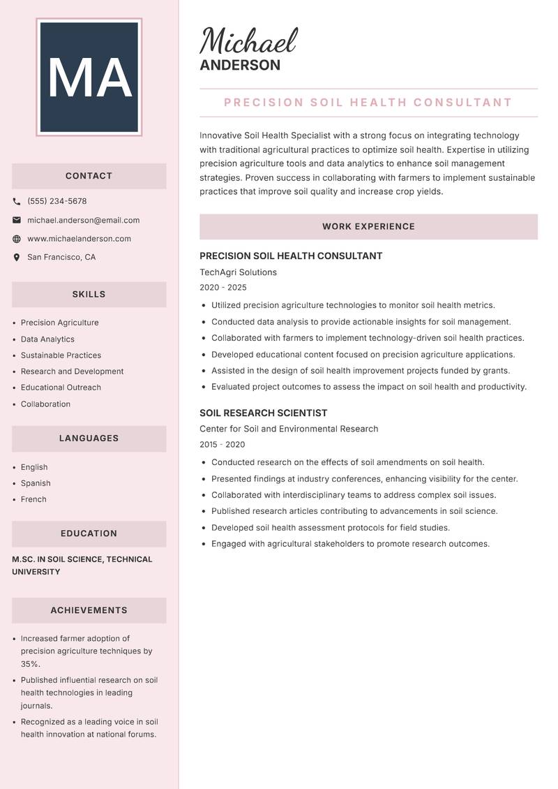 Soil Health Specialist Resume Preview Example