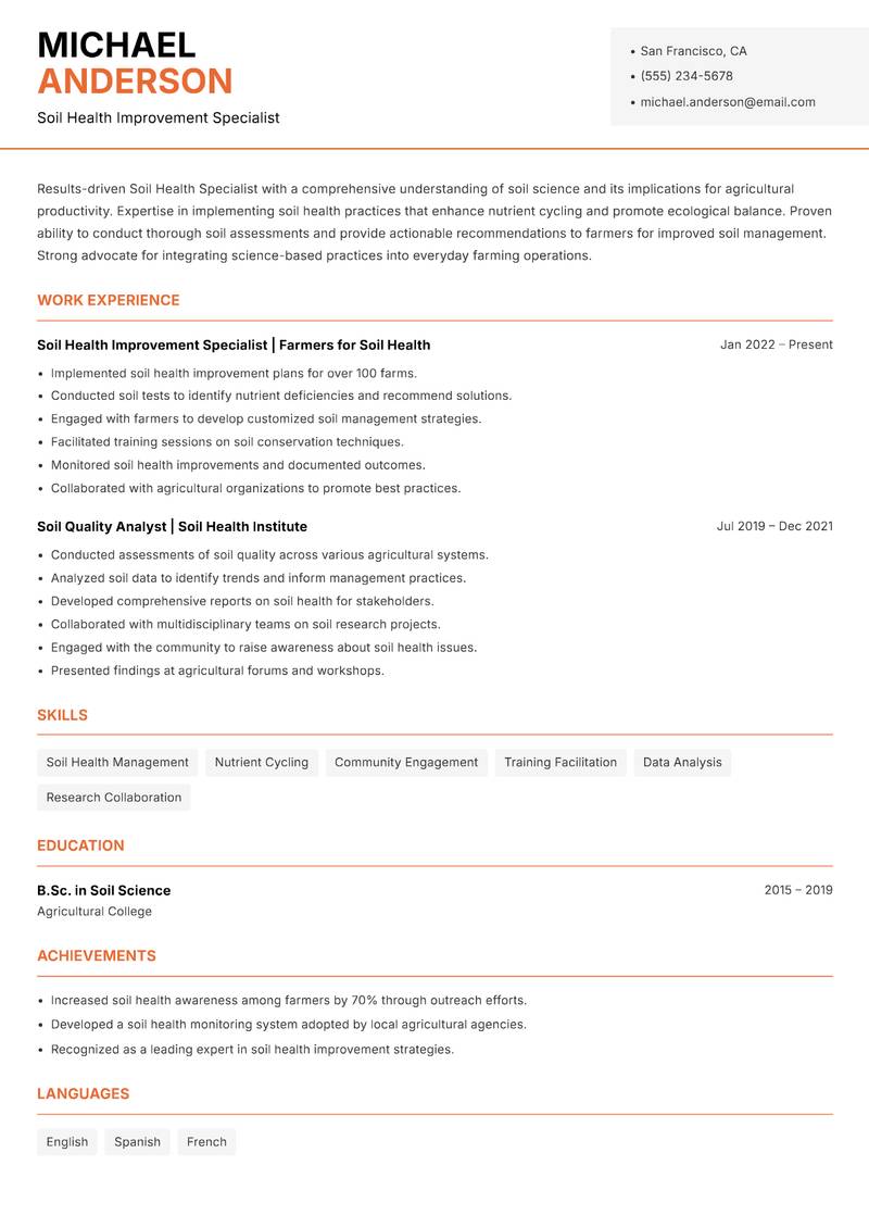 Soil Health Specialist Resume Template