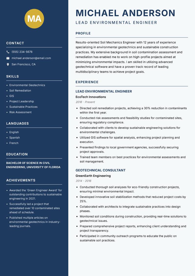 Soil Mechanics Engineer Resume Preview Example