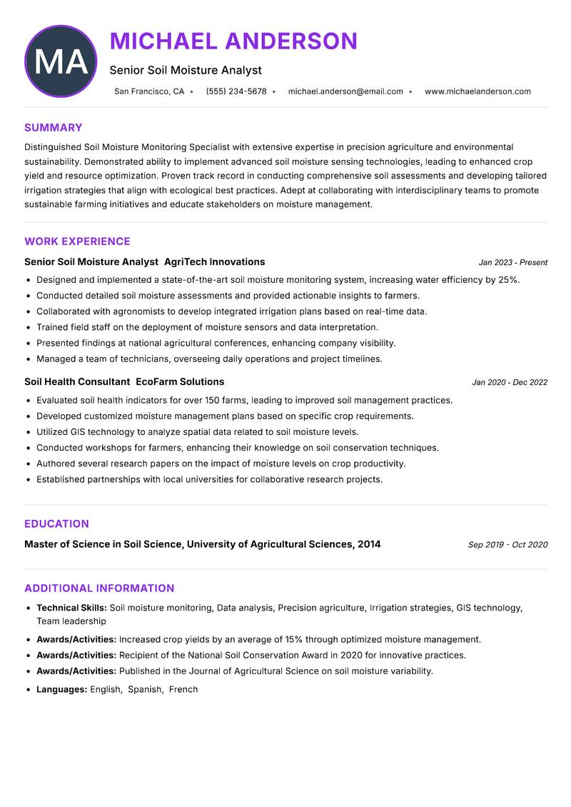 Soil Moisture Monitoring Specialist Resume Preview Example