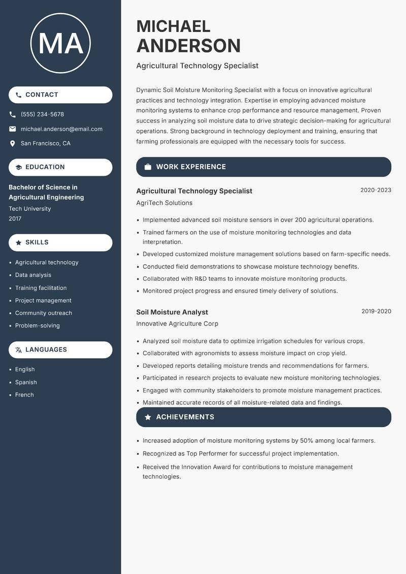 Soil Moisture Monitoring Specialist Resume Preview Example
