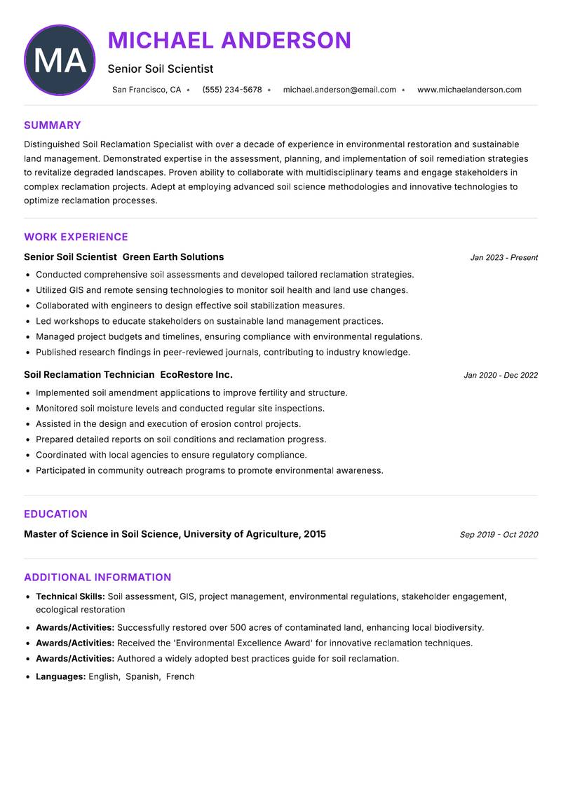 Soil Reclamation Specialist Resume Preview Example