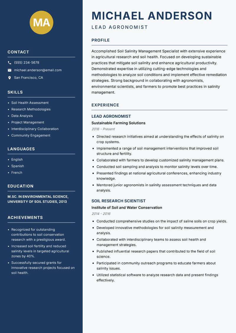 Soil Salinity Management Specialist Resume Preview Example