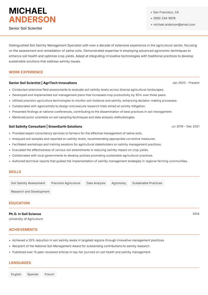 Soil Salinity Management Specialist Resume Template