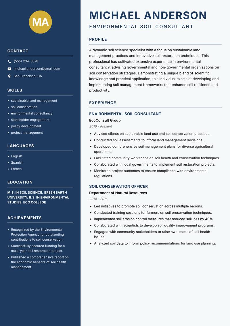 Soil Science Specialist Resume Preview Example