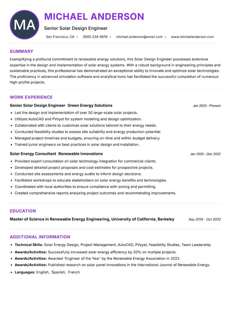 Solar Design Engineer Resume Preview Example