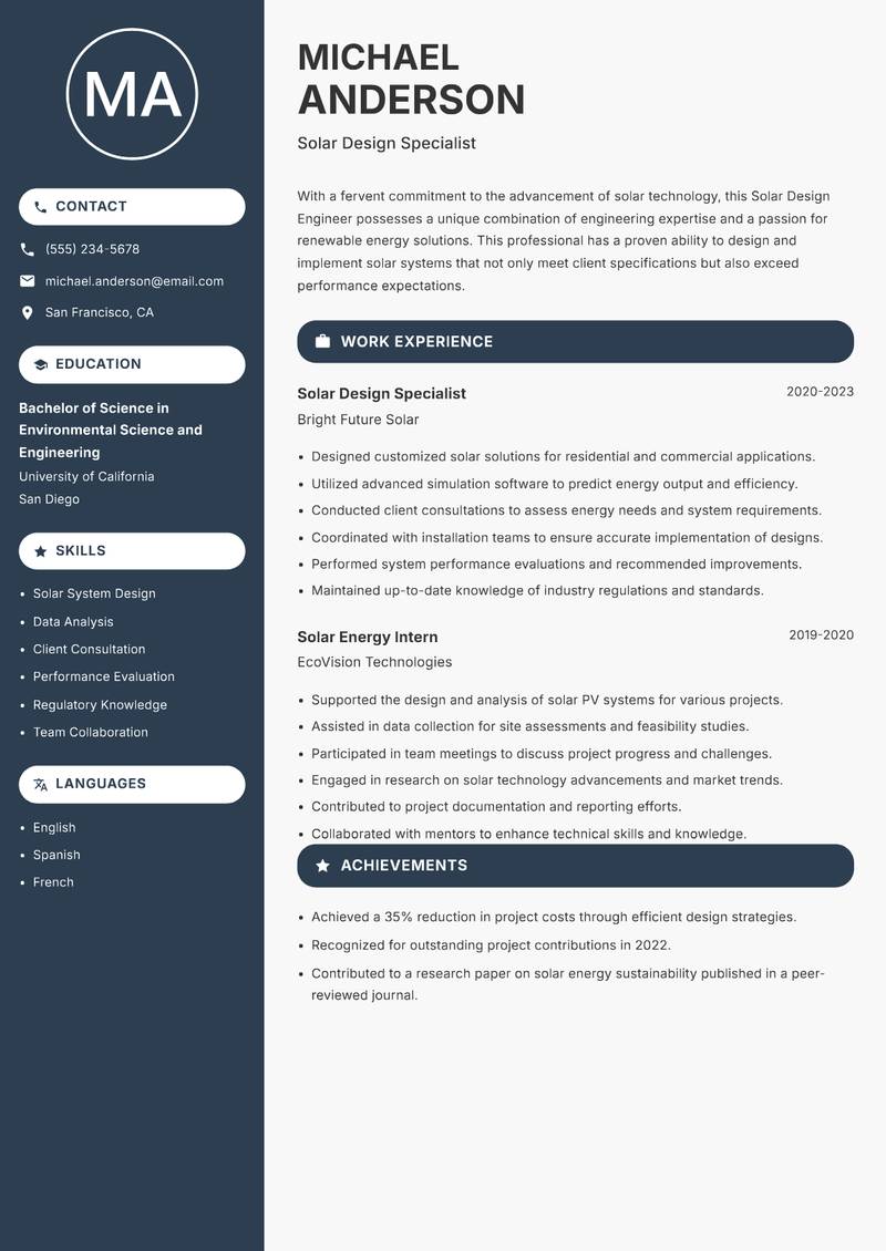 Solar Design Engineer Resume Preview Example