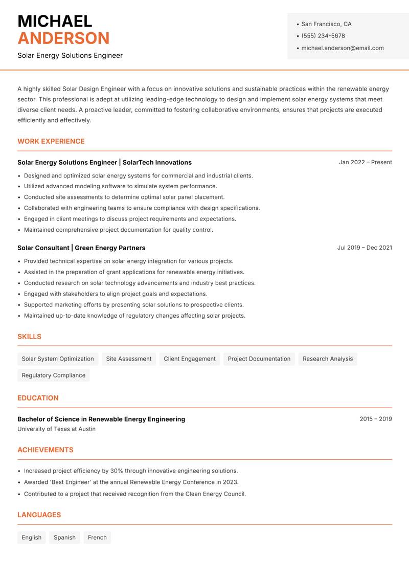 Solar Design Engineer Resume Template