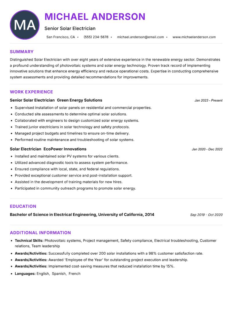 Solar Electrician Resume Preview Example