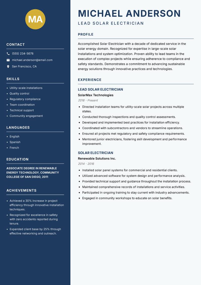 Solar Electrician Resume Preview Example