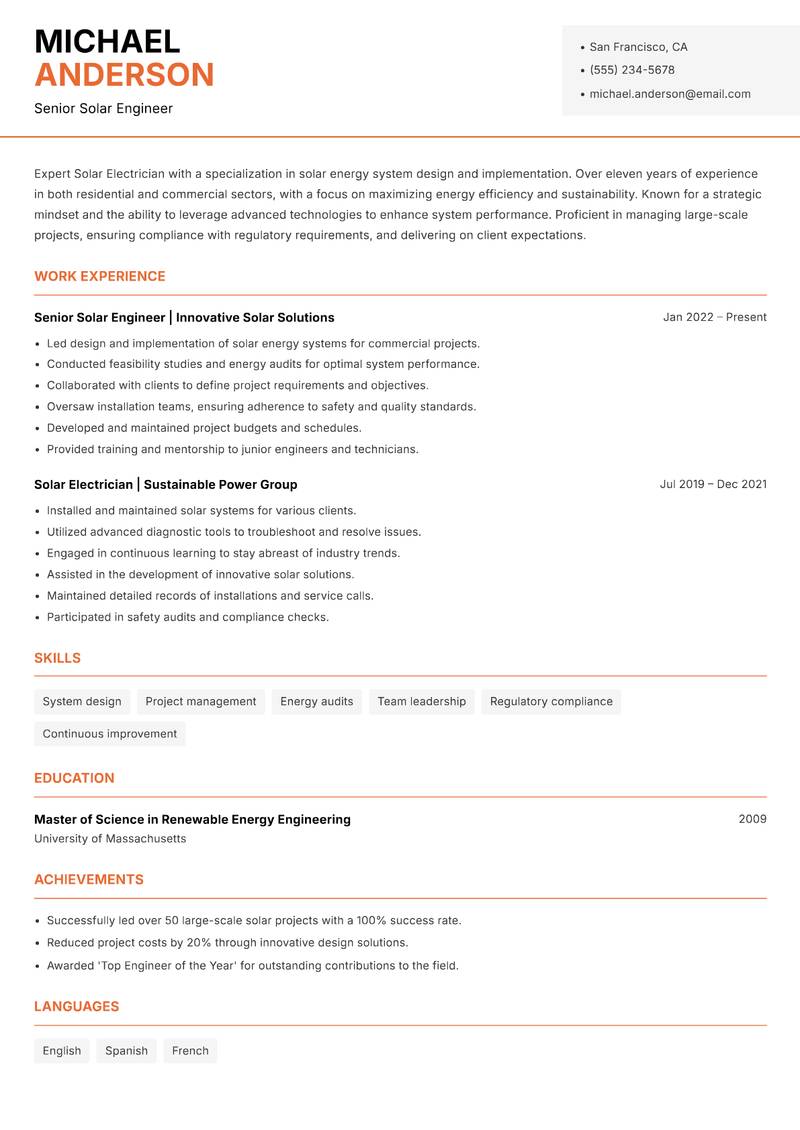 Solar Electrician Resume Template