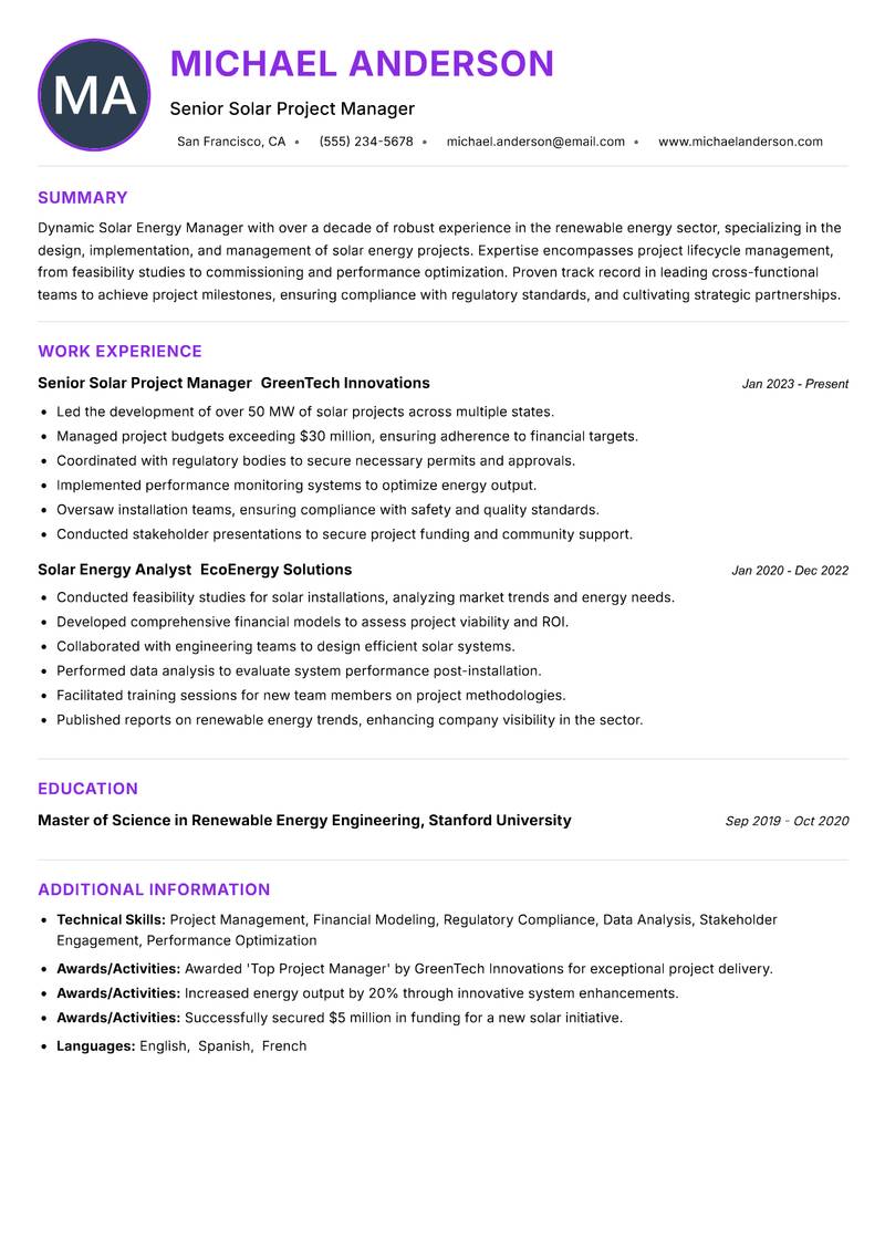Solar Energy Manager Resume Preview Example