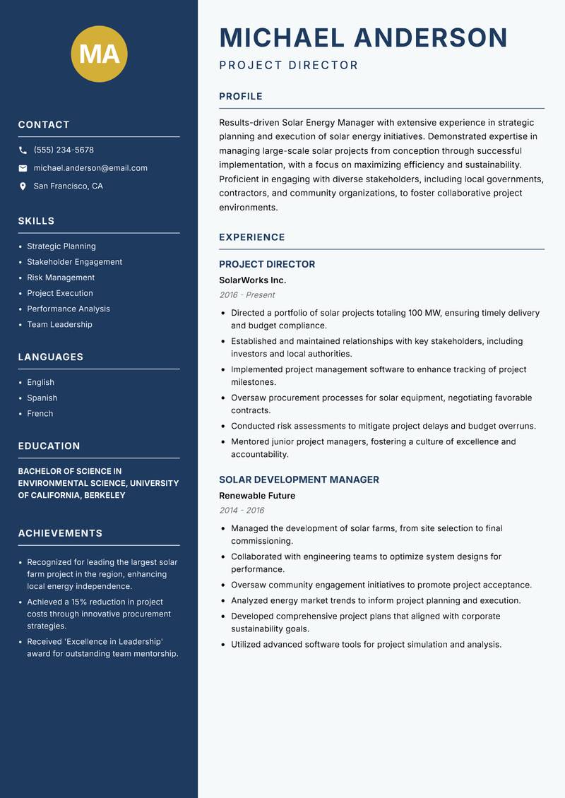 Solar Energy Manager Resume Preview Example