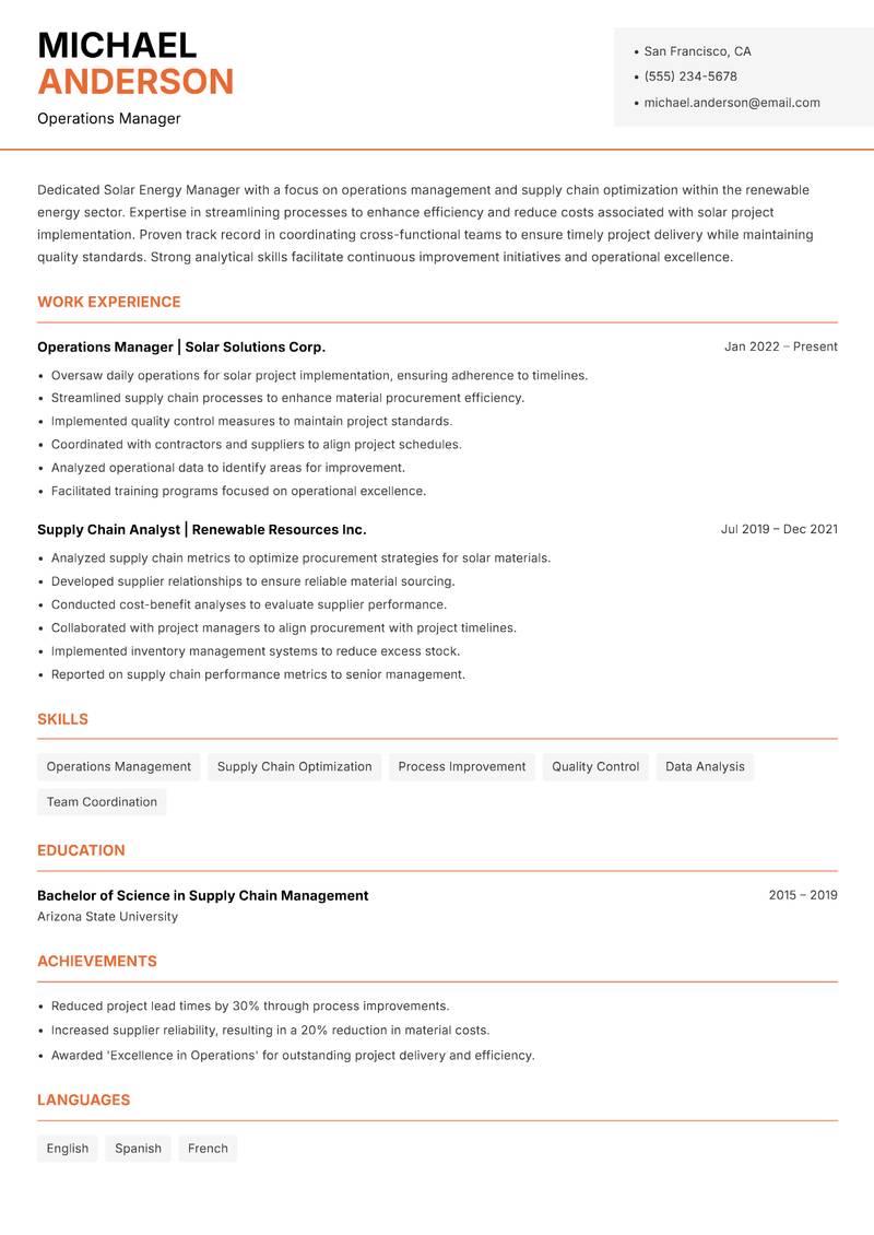 Solar Energy Manager Resume Template