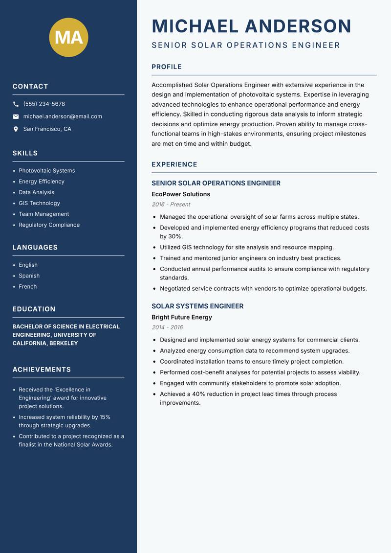 Solar Operations Engineer Resume Preview Example