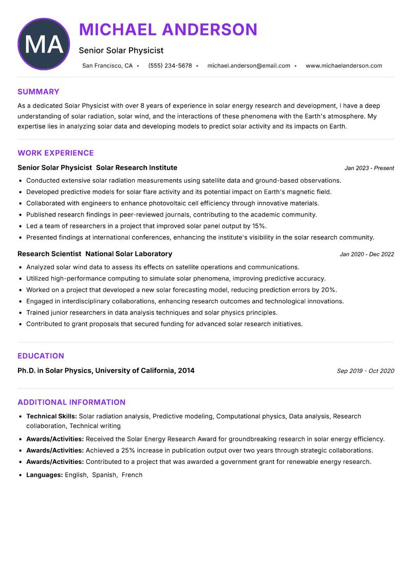Solar Physicist Resume Preview Example