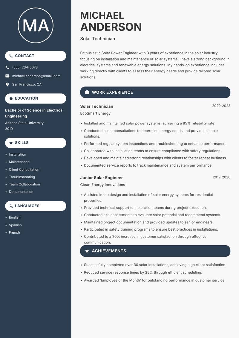 Solar Power Engineer Resume Preview Example