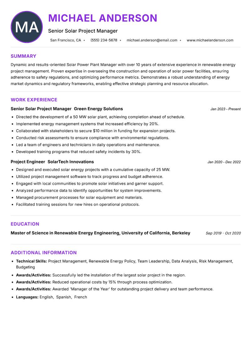 Solar Power Plant Manager Resume Preview Example