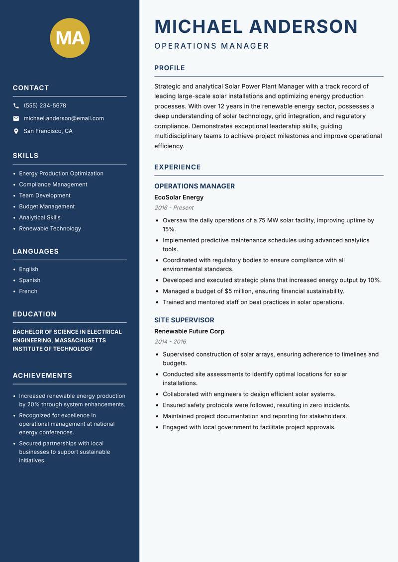 Solar Power Plant Manager Resume Preview Example