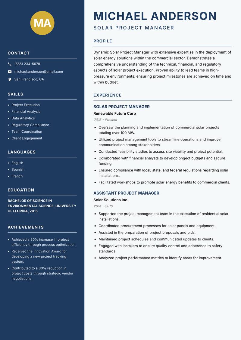 Solar Project Manager Resume Preview Example
