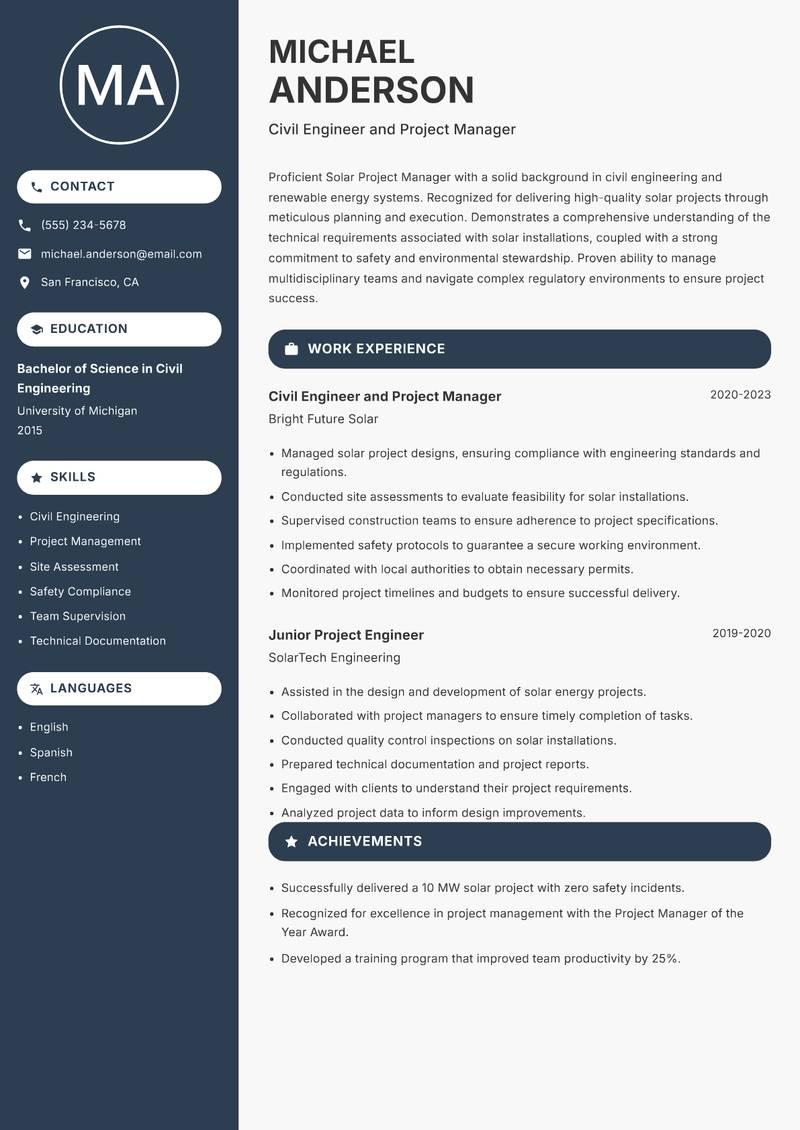 Solar Project Manager Resume Preview Example
