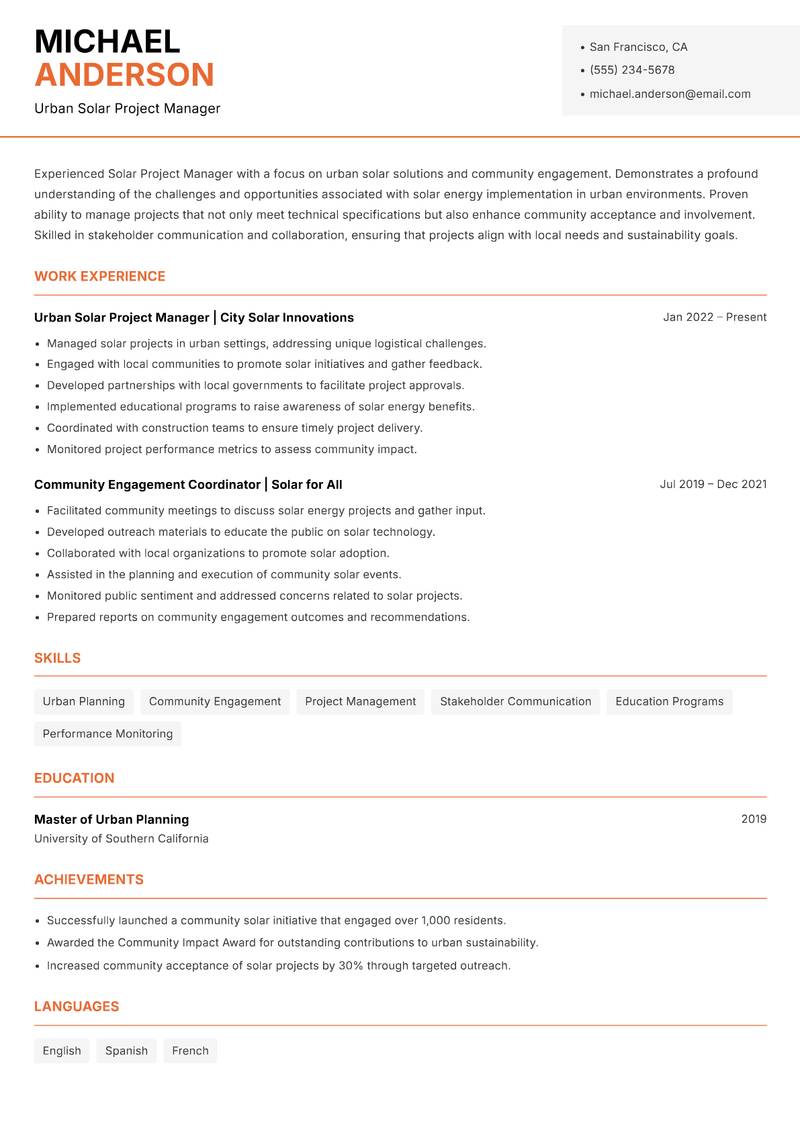 Solar Project Manager Resume Template