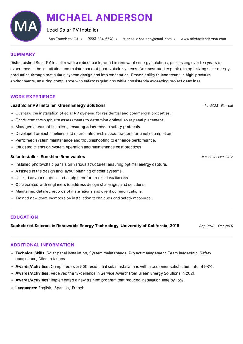 Solar PV Installer Resume Preview Example
