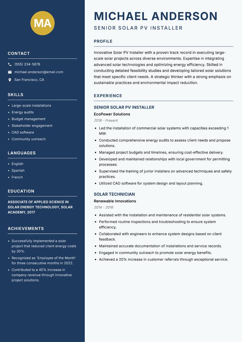 Solar PV Installer Resume Preview Example