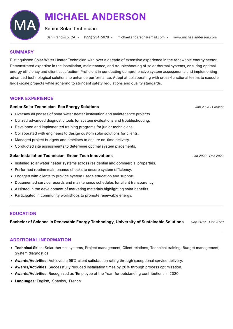Solar Water Heater Technician Resume Preview Example