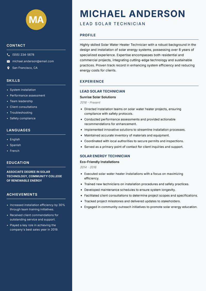 Solar Water Heater Technician Resume Preview Example