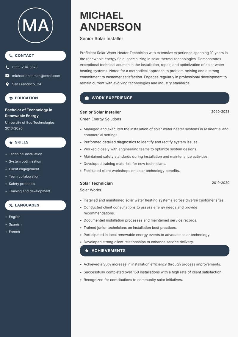Solar Water Heater Technician Resume Preview Example