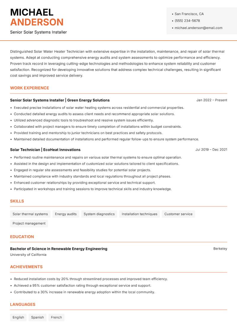 Solar Water Heater Technician Resume Template