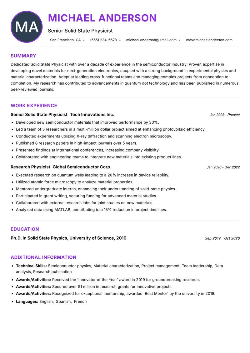 Solid State Physicist Resume Preview Example