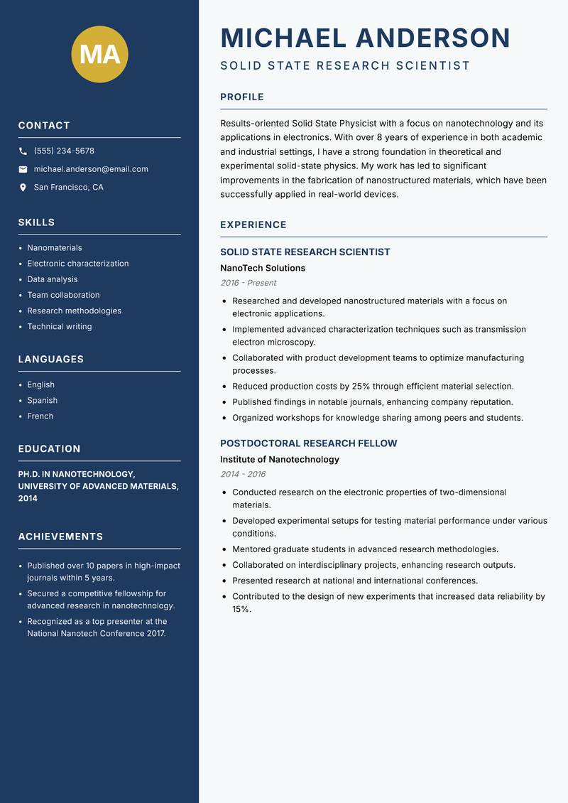 Solid State Physicist Resume Preview Example