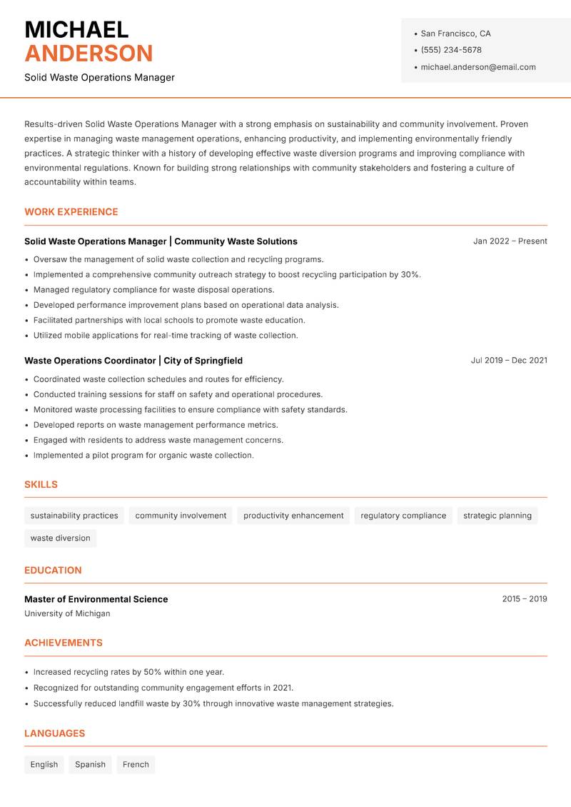 Solid Waste Operations Manager Resume Template