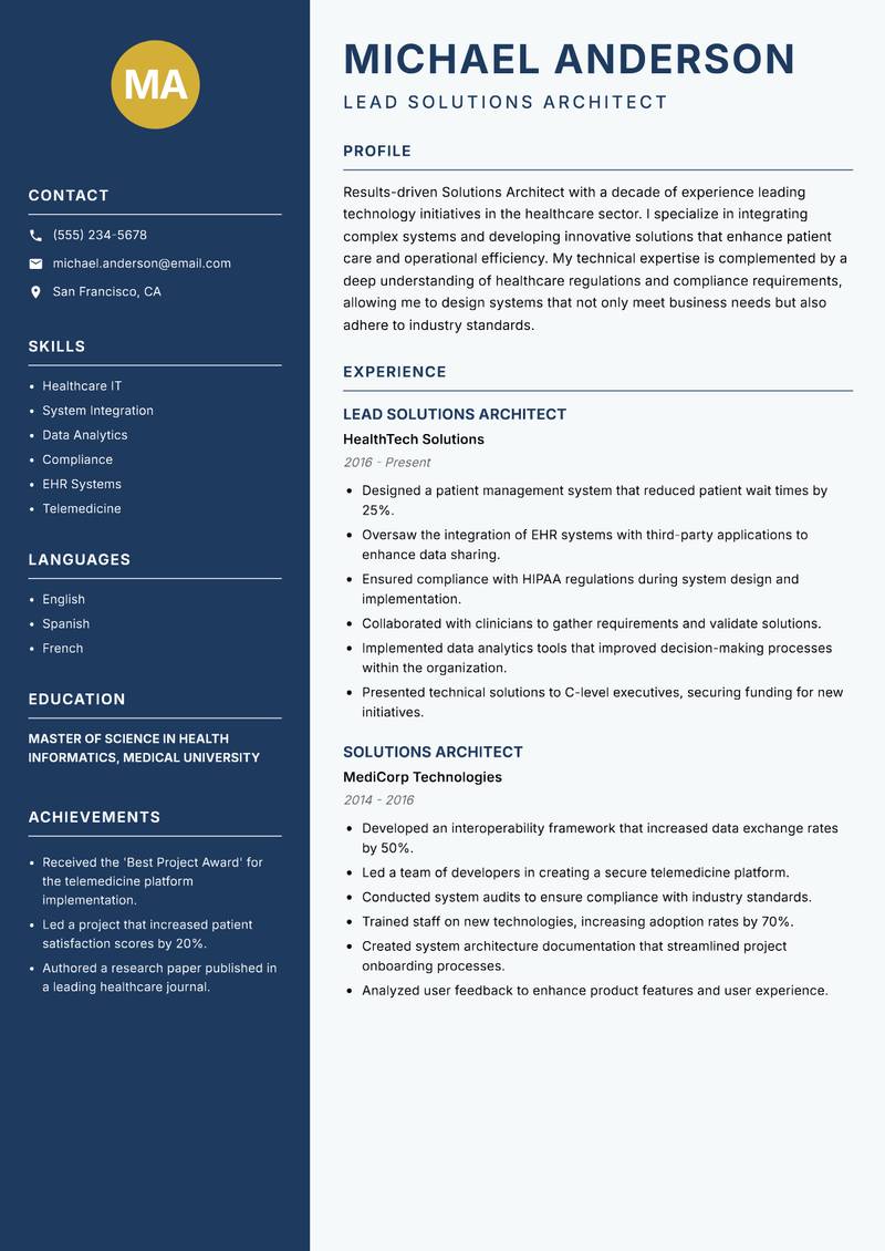 Solutions Architect Resume Preview Example