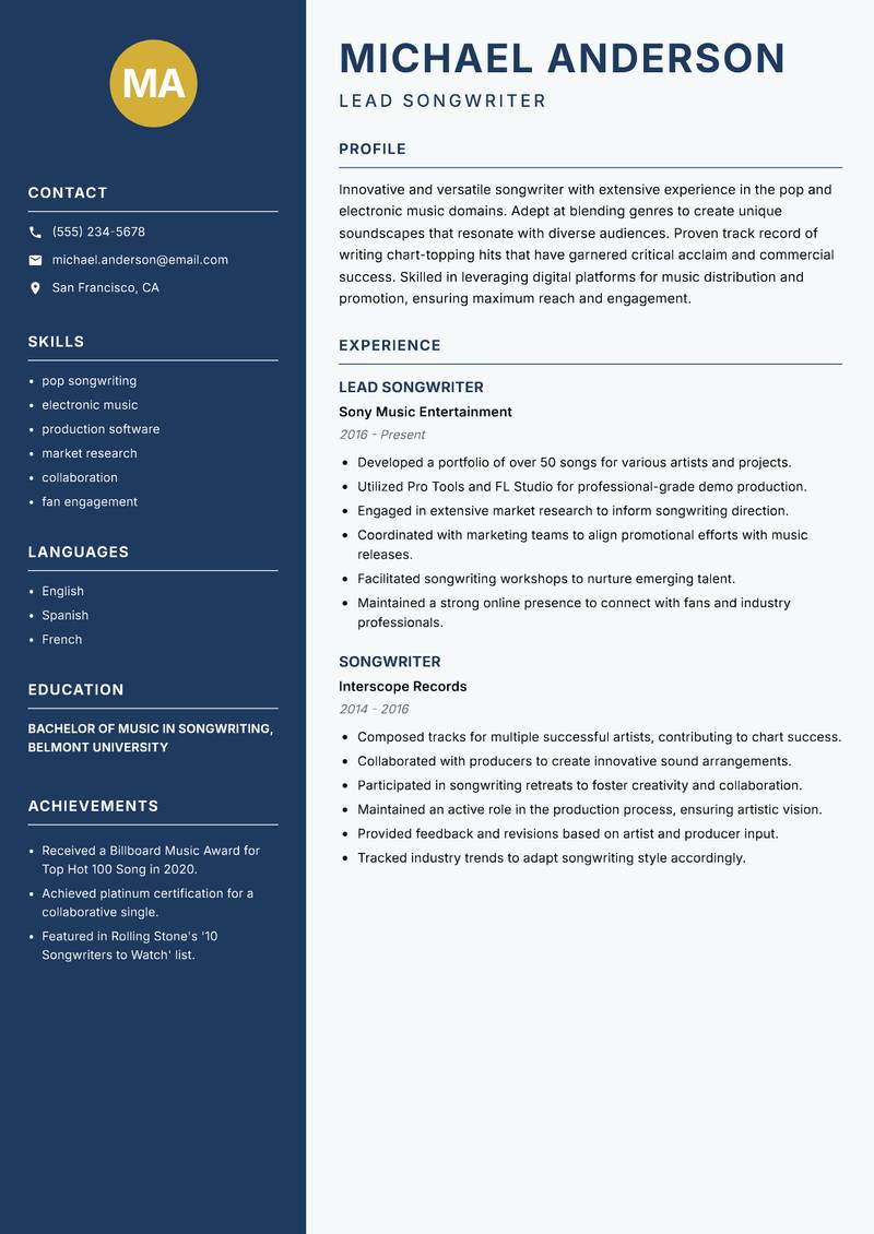 Songwriter Resume Preview Example