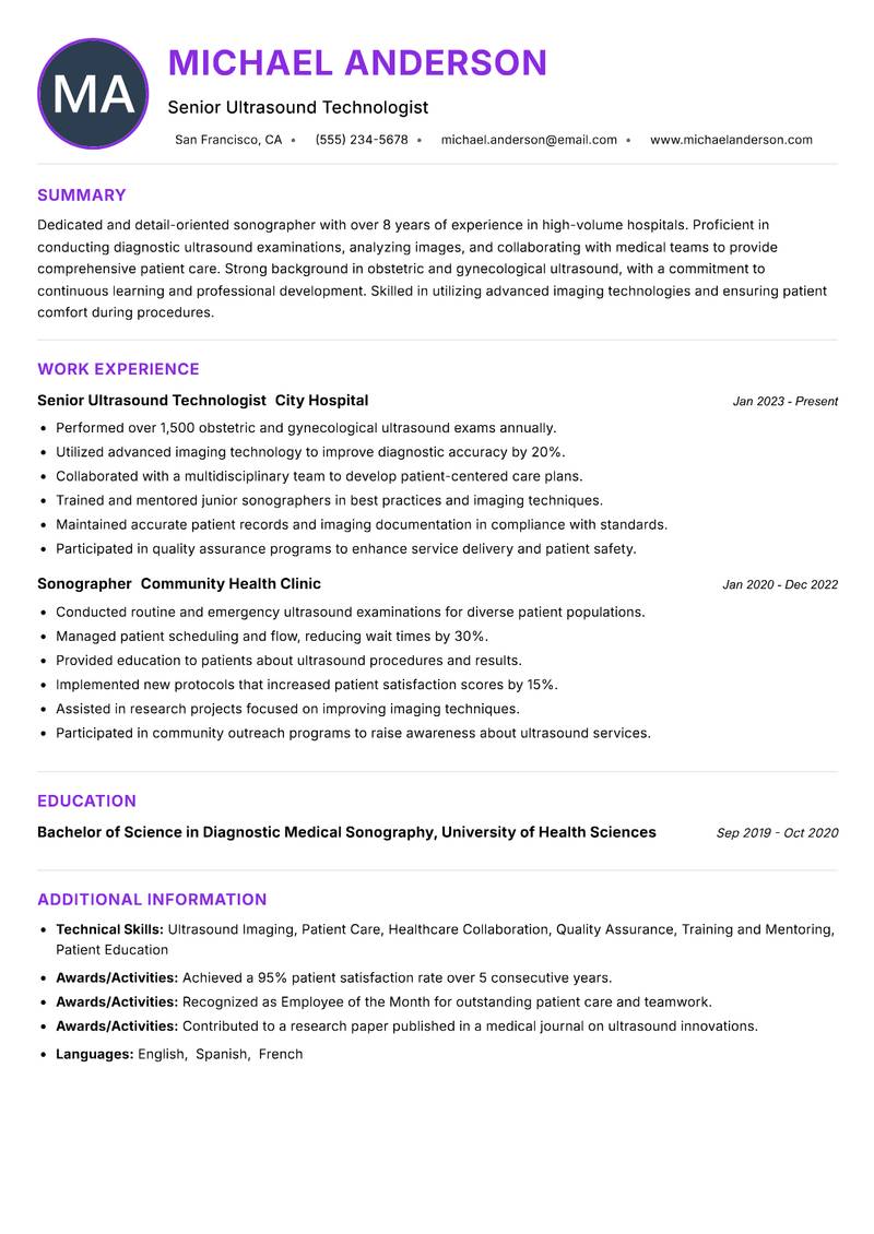 Sonographer Resume Preview Example