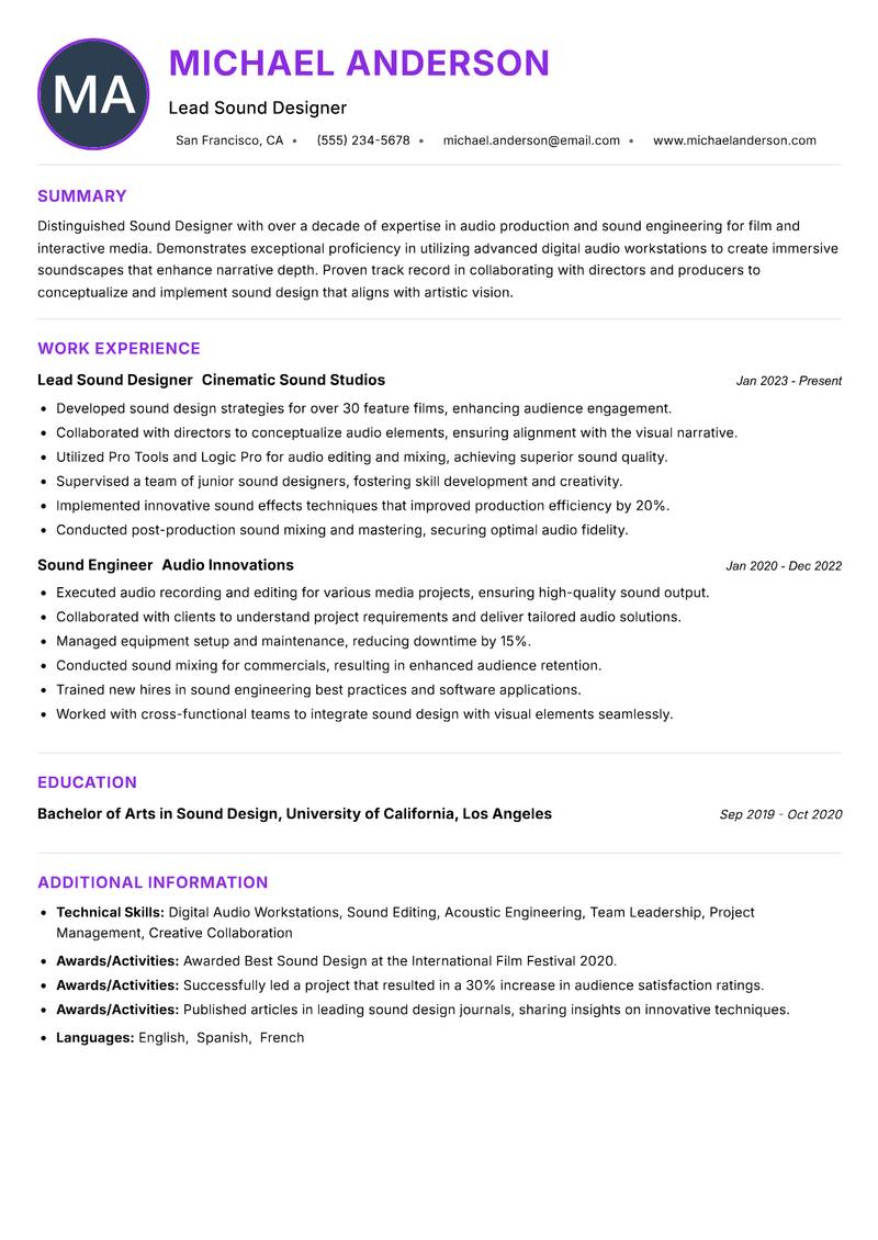 Sound Designer Resume Preview Example