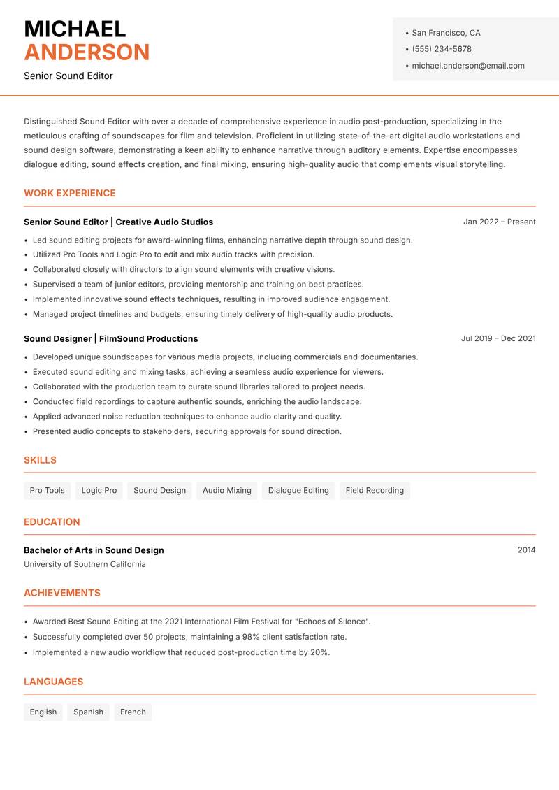 Sound Editor Resume Template
