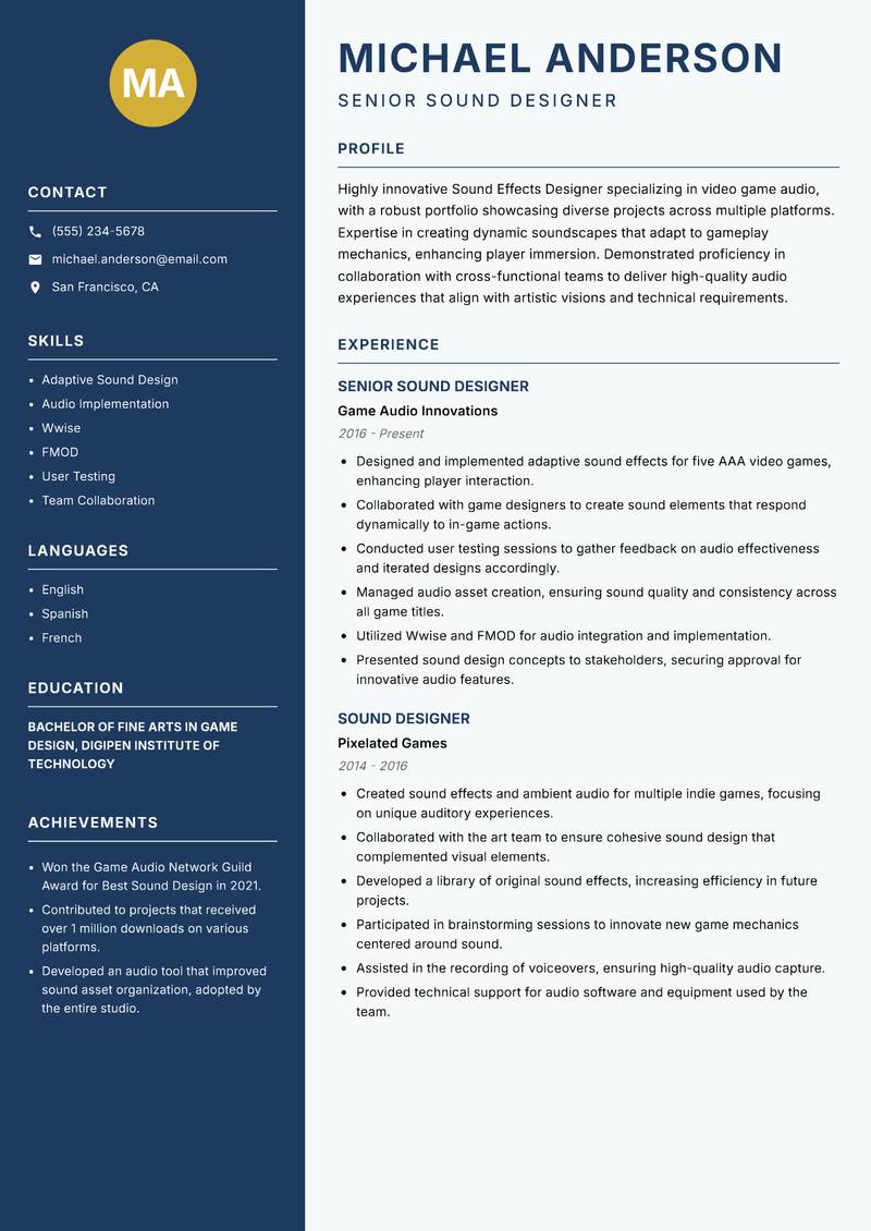 Sound Effects Designer Resume Preview Example
