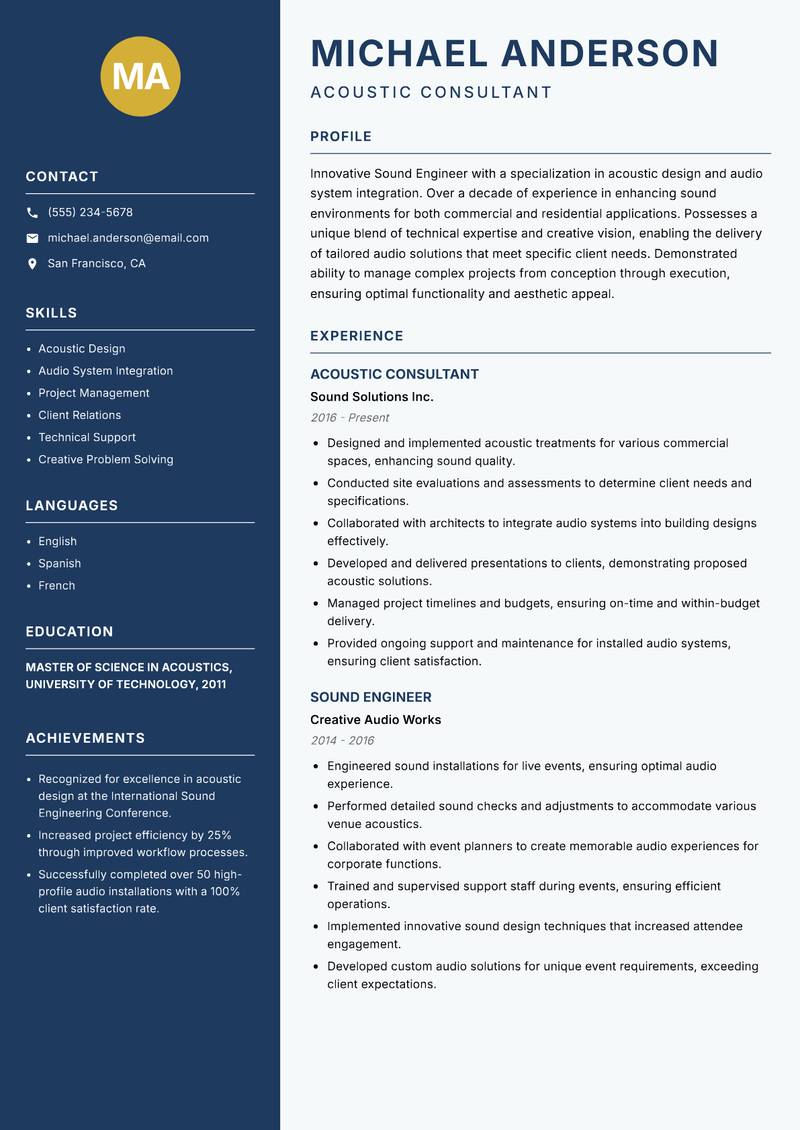 Sound Engineer Resume Preview Example