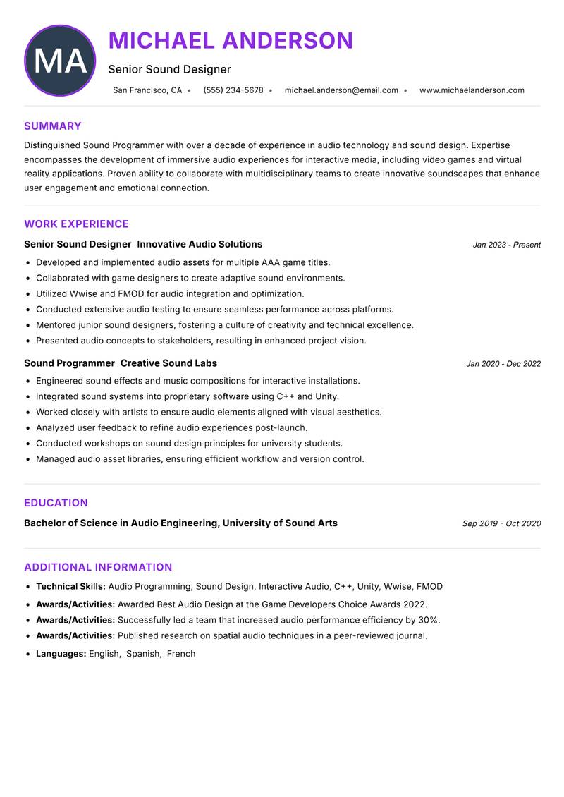 Sound Programmer Resume Preview Example