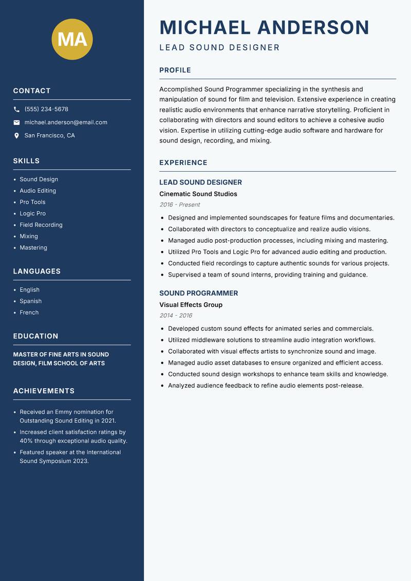 Sound Programmer Resume Preview Example
