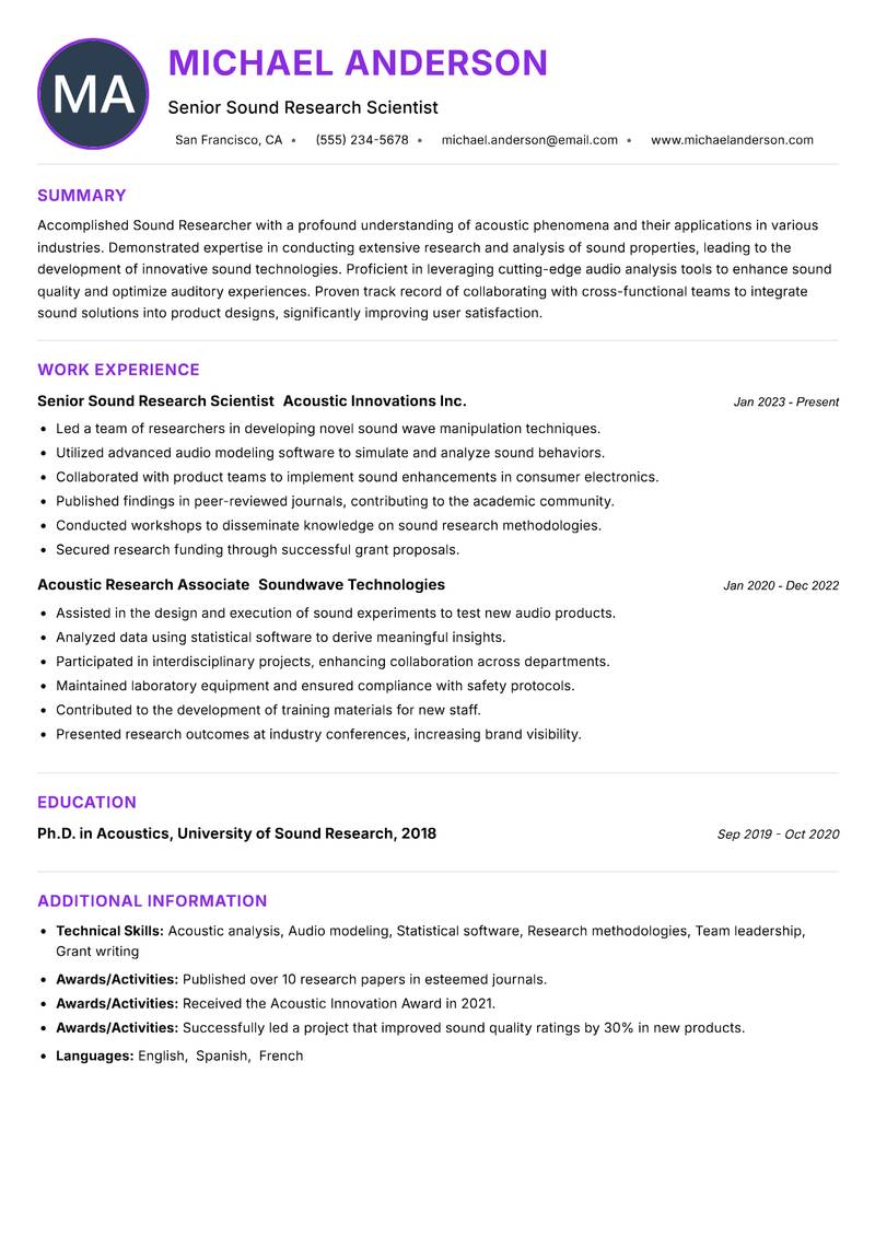 Sound Researcher Resume Preview Example