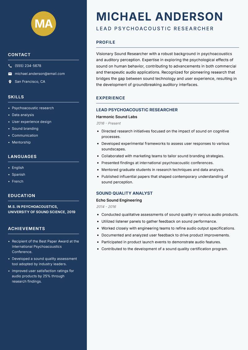 Sound Researcher Resume Preview Example
