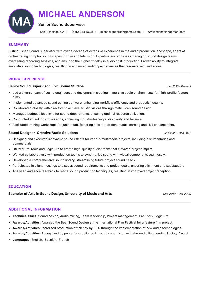 Sound Supervisor Resume Preview Example