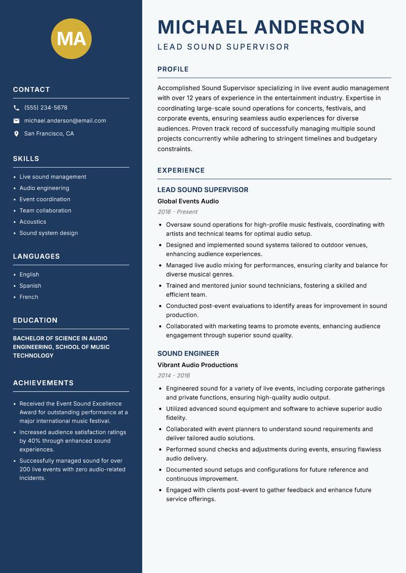 Sound Supervisor Resume Preview Example