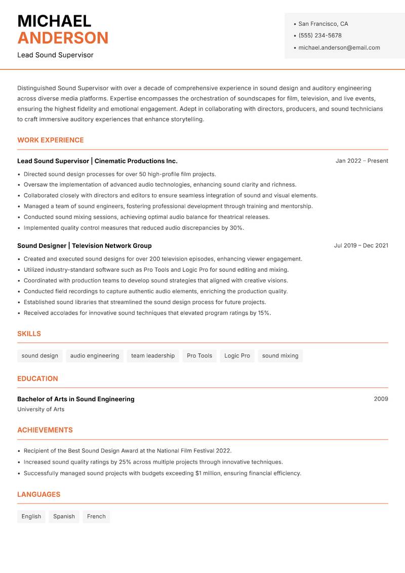 Sound Supervisor Resume Template